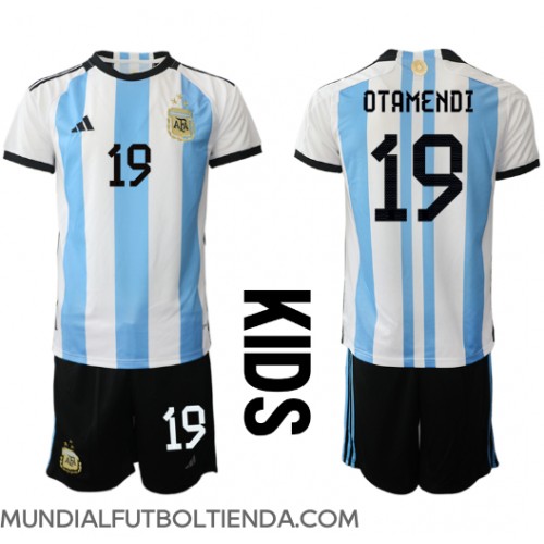 Camiseta Argentina Nicolas Otamendi #19 Primera Equipación Replica Mundial 2022 para niños mangas cortas (+ Pantalones cortos)